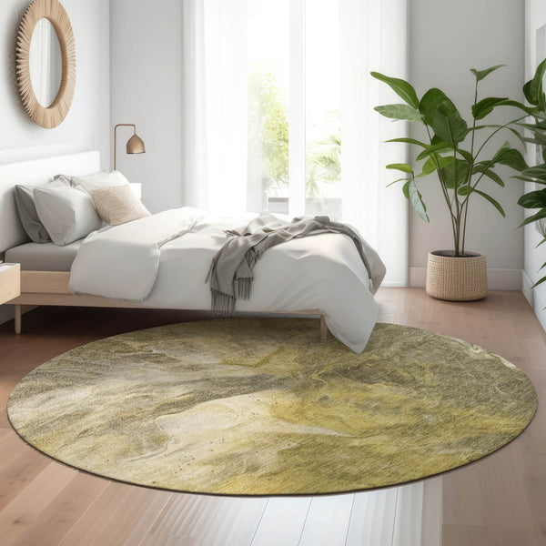 HomeRoots 8' Taupe Ivory Gold Abstract Round Rug - Durable, Washable, UV Protected for Busy Homes & Style 653509