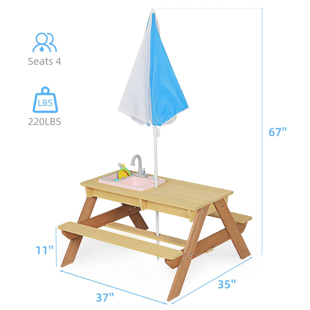 English Elm Wooden Cedar Kids Activity Table with Shade Umbrella for Backyard Sand and Water Play W2640P454242