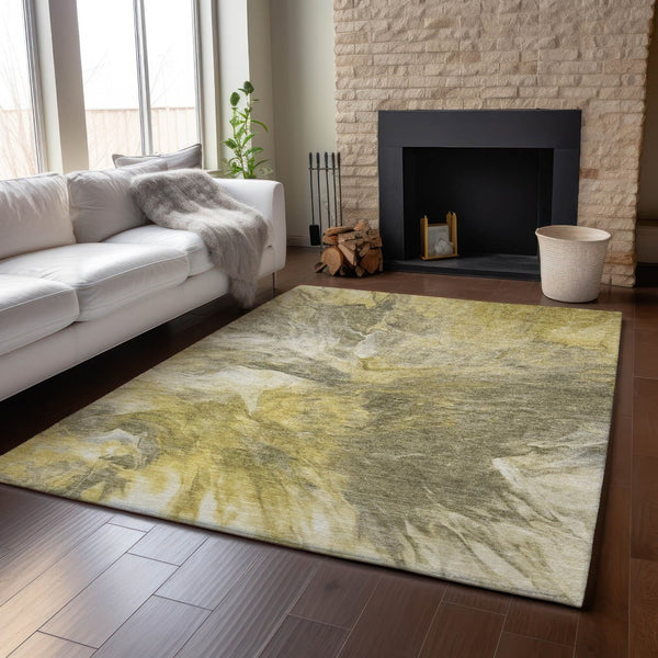 HomeRoots 9' X 12' Stylish Taupe Ivory and Gold Abstract Area Rug - Washable, UV Protected & Stain Resistant 653511