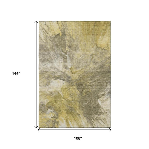 HomeRoots 9' X 12' Stylish Taupe Ivory and Gold Abstract Area Rug - Washable, UV Protected & Stain Resistant 653511