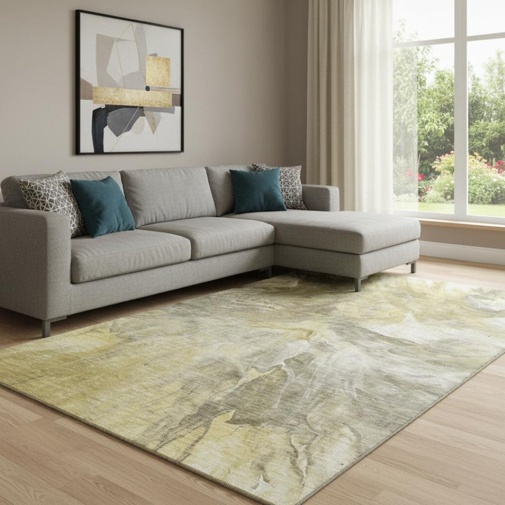 HomeRoots 9' X 12' Stylish Taupe Ivory and Gold Abstract Area Rug - Washable, UV Protected & Stain Resistant 653511