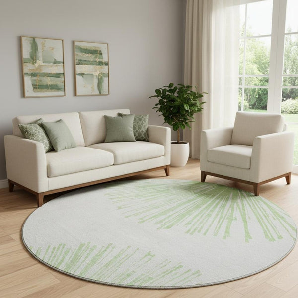 HomeRoots 8' Washable Round Rug in Artichoke Green & Ivory - UV Protected, Stain-Resistant, Modern Abstract Design 653515