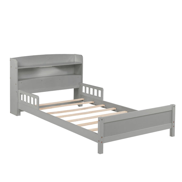 English Elm Twin Pine Wood Bed with Bookcase Headboard LED Motion Sensor Light Guardrails Ample Storage Space Grey W504P277595