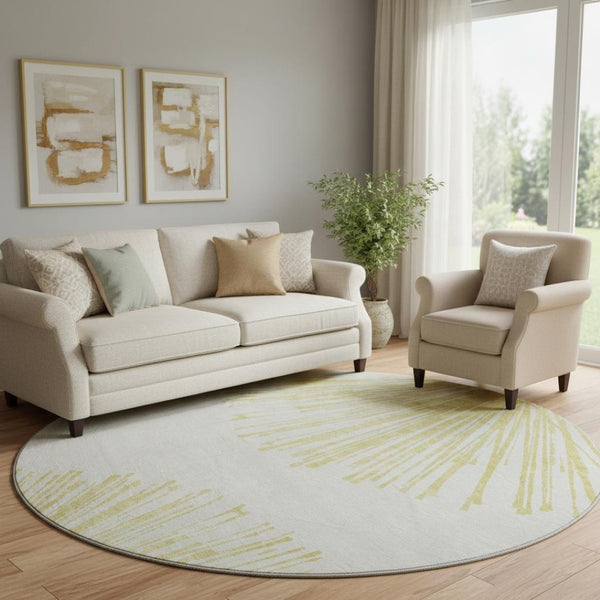 HomeRoots 8' Washable Beige and Ivory Abstract Round Rug with UV Protection for Durable Style and Comfort 653521