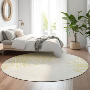 HomeRoots 8' Washable Beige and Ivory Abstract Round Rug with UV Protection for Durable Style and Comfort 653521