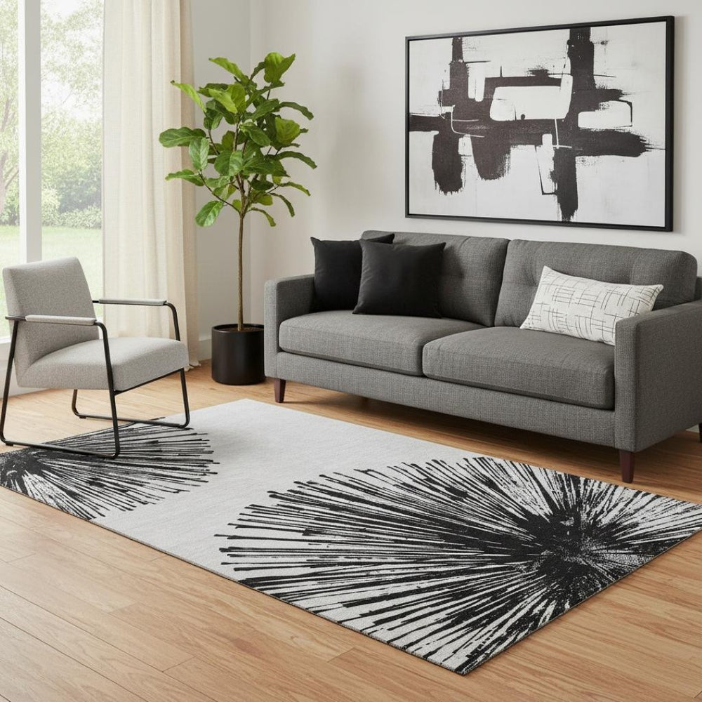 HomeRoots 5' Black and Ivory Abstract Washable Area Rug - Stain-Resistant, UV Protected, Durable Design for Homes 653526