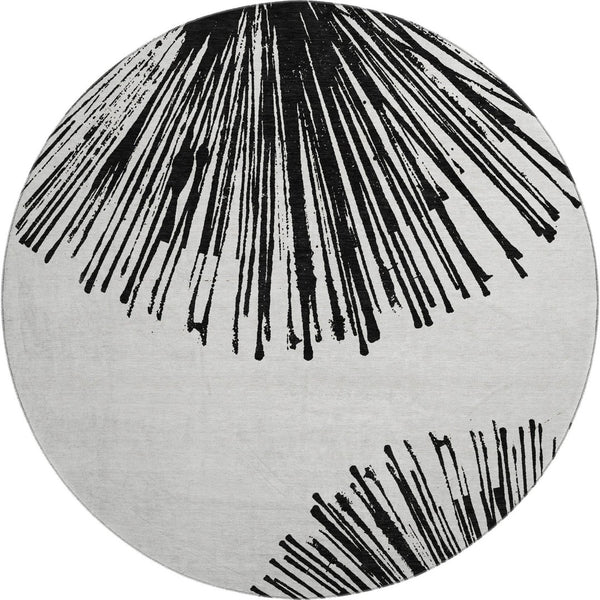 HomeRoots 8' Black And Ivory Abstract Round Rug - Washable, UV Protected, Stain Resistant for Modern Homes 653527
