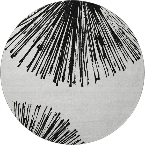 HomeRoots 8' Black And Ivory Abstract Round Rug - Washable, UV Protected, Stain Resistant for Modern Homes 653527