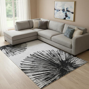 HomeRoots 9' X 12' Black And Ivory Abstract Area Rug – Stylish, Washable, UV-Protected for High-Traffic Spaces 653529