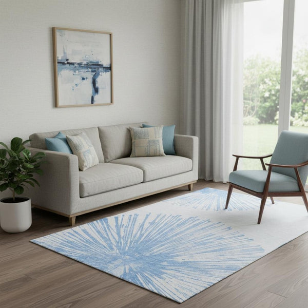 HomeRoots 5' X 8' Denim Blue And Ivory Abstract Washable Area Rug - UV Protection & Stain-Resistant Design 653532