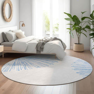 HomeRoots 8' Denim Blue Round Rug - Modern Abstract Design, Washable, UV Protected, Perfect for High-Traffic Areas 653533
