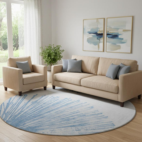 HomeRoots 8' Denim Blue Round Rug - Modern Abstract Design, Washable, UV Protected, Perfect for High-Traffic Areas 653533