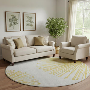 HomeRoots 8' Gold and Ivory Round Rug - Abstract Design, Washable, Stain-Resistant, UV Protected for Homes 653539