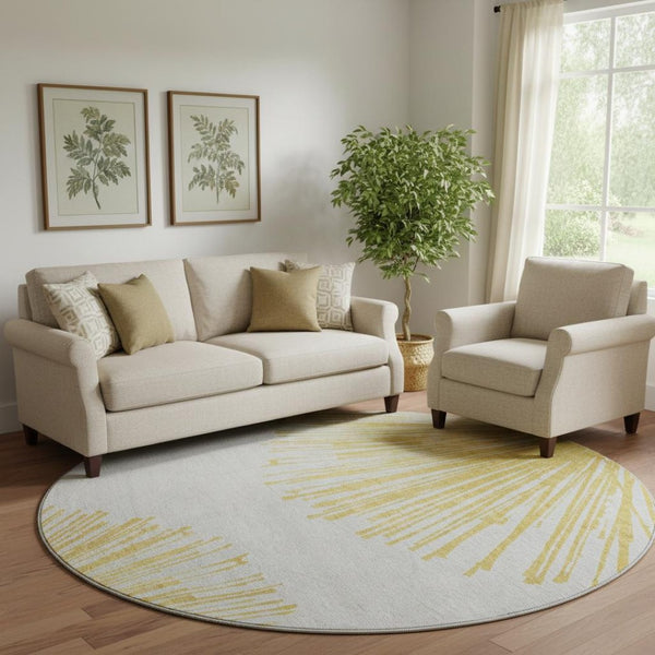 HomeRoots 8' Gold and Ivory Round Rug - Abstract Design, Washable, Stain-Resistant, UV Protected for Homes 653539