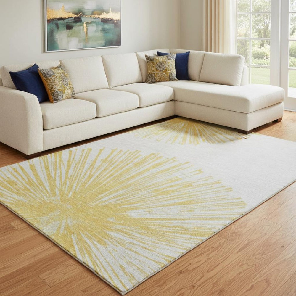 HomeRoots 9' X 12' Gold and Ivory Abstract Area Rug - Washable, UV Protected, and Stain Resistant for Modern Homes 653541