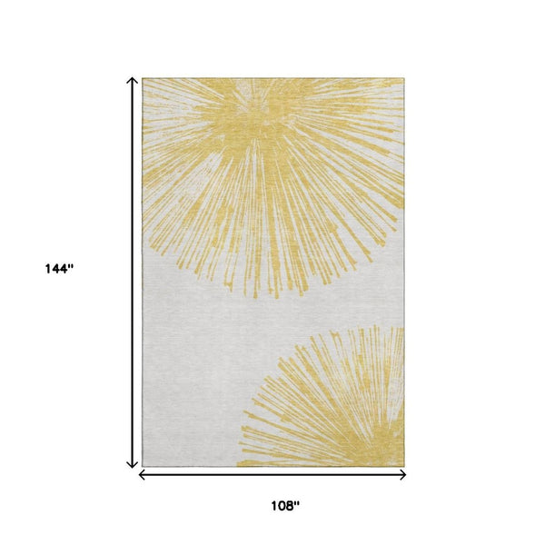 HomeRoots 9' X 12' Gold and Ivory Abstract Area Rug - Washable, UV Protected, and Stain Resistant for Modern Homes 653541