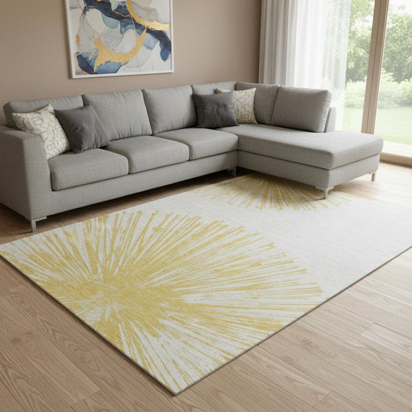 HomeRoots 10' X 14' Gold And Ivory Abstract Area Rug - Washable, UV-Protected, Stylish & Family-Friendly Design 653542