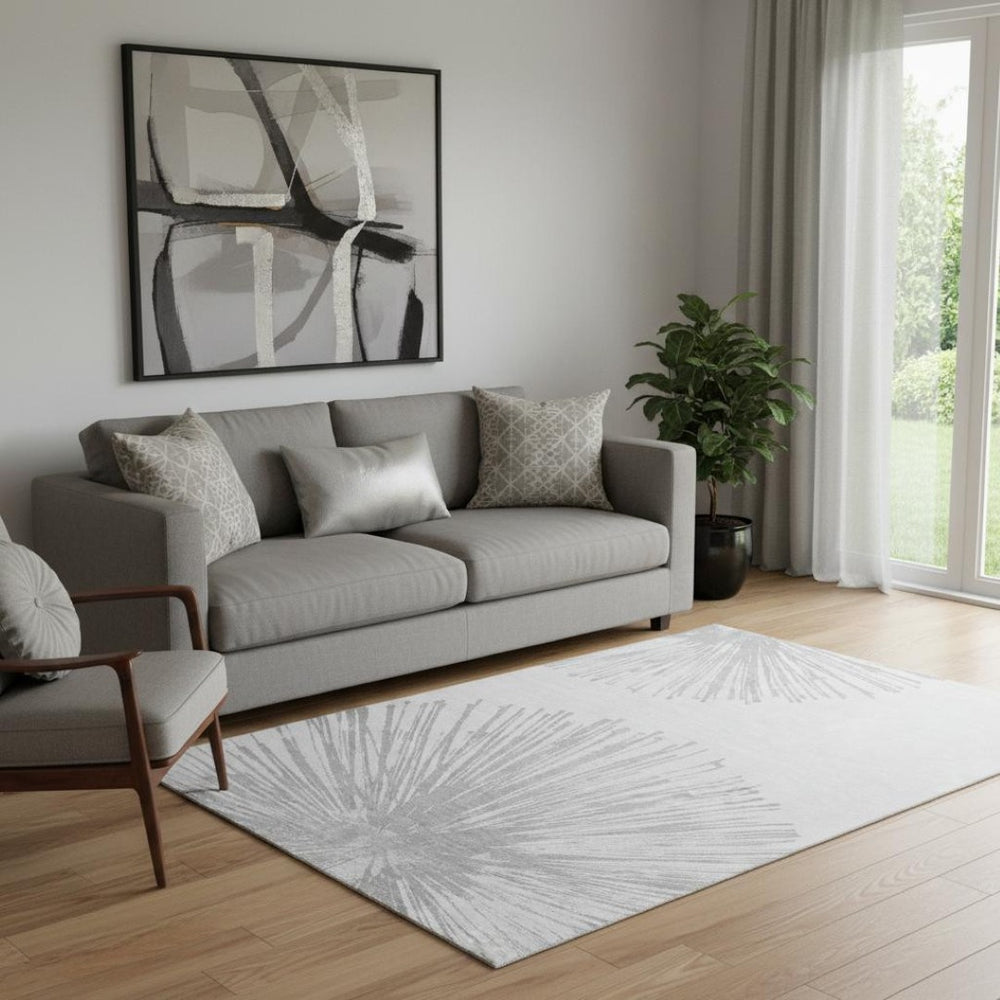 HomeRoots 5' Gray and Ivory Abstract Washable Area Rug – Durable, Stain Resistant, UV Protected for Modern Spaces 653544