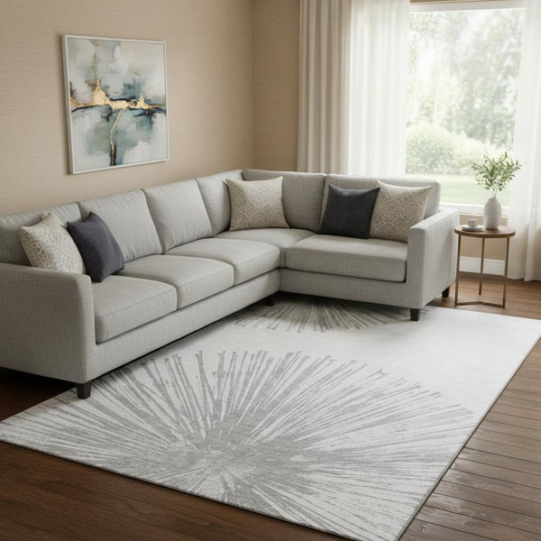HomeRoots 9' X 12' Gray And Ivory Abstract Washable Area Rug – Durable, Stylish, UV-Protected for High-Traffic Spaces 653547