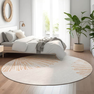 HomeRoots 8' Salmon and Ivory Abstract Round Area Rug - Washable, UV-Protected, Durable for High-Traffic Spaces 653551