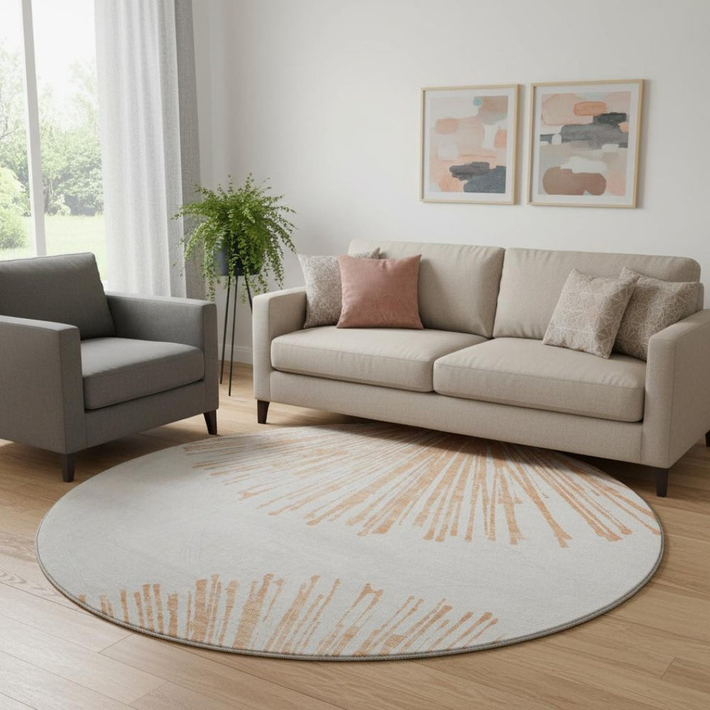 HomeRoots 8' Salmon and Ivory Abstract Round Area Rug - Washable, UV-Protected, Durable for High-Traffic Spaces 653551