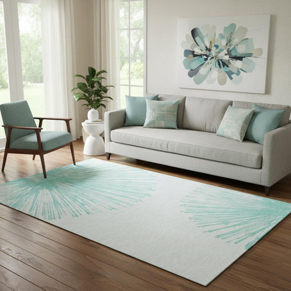 HomeRoots 5' X 8' Teal And Ivory Abstract Area Rug - Washable, Durable, UV Protected for High-Traffic Spaces 653556