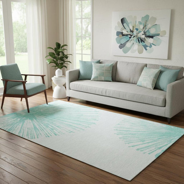 HomeRoots 5' X 8' Teal And Ivory Abstract Area Rug - Washable, Durable, UV Protected for High-Traffic Spaces 653556