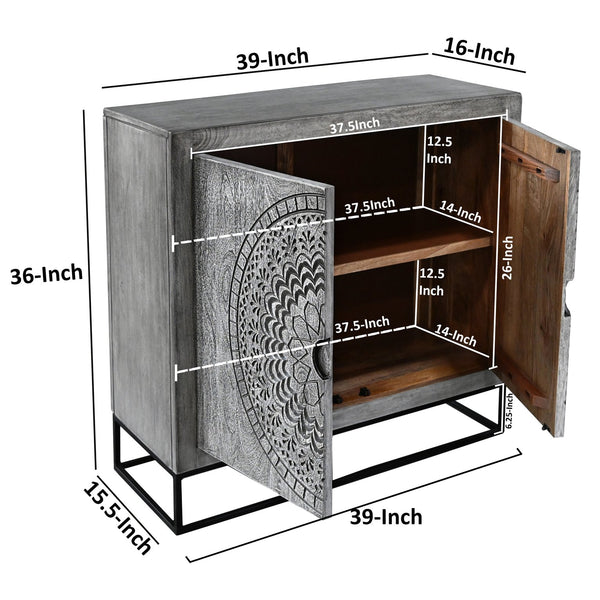 English Elm Zera Handcrafted 39" Accent Cabinet – Sandblasted Gray Mango Wood, Medallion Doors, Iron Stand B056P390833