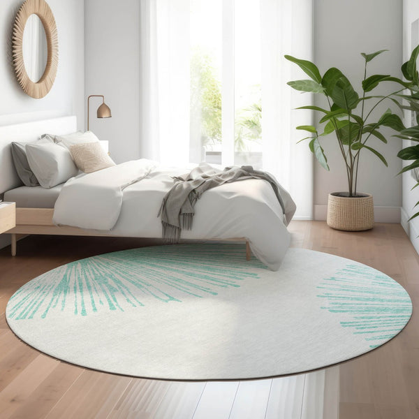 HomeRoots 8' Teal and Ivory Abstract Round Rug - Washable, UV-Protected, Durable Design for High-Traffic Areas 653557