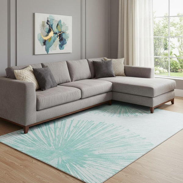 HomeRoots 8' X 10' Teal and Ivory Abstract Area Rug - Washable, UV Protected, Durable for Busy Homes & Style 653558