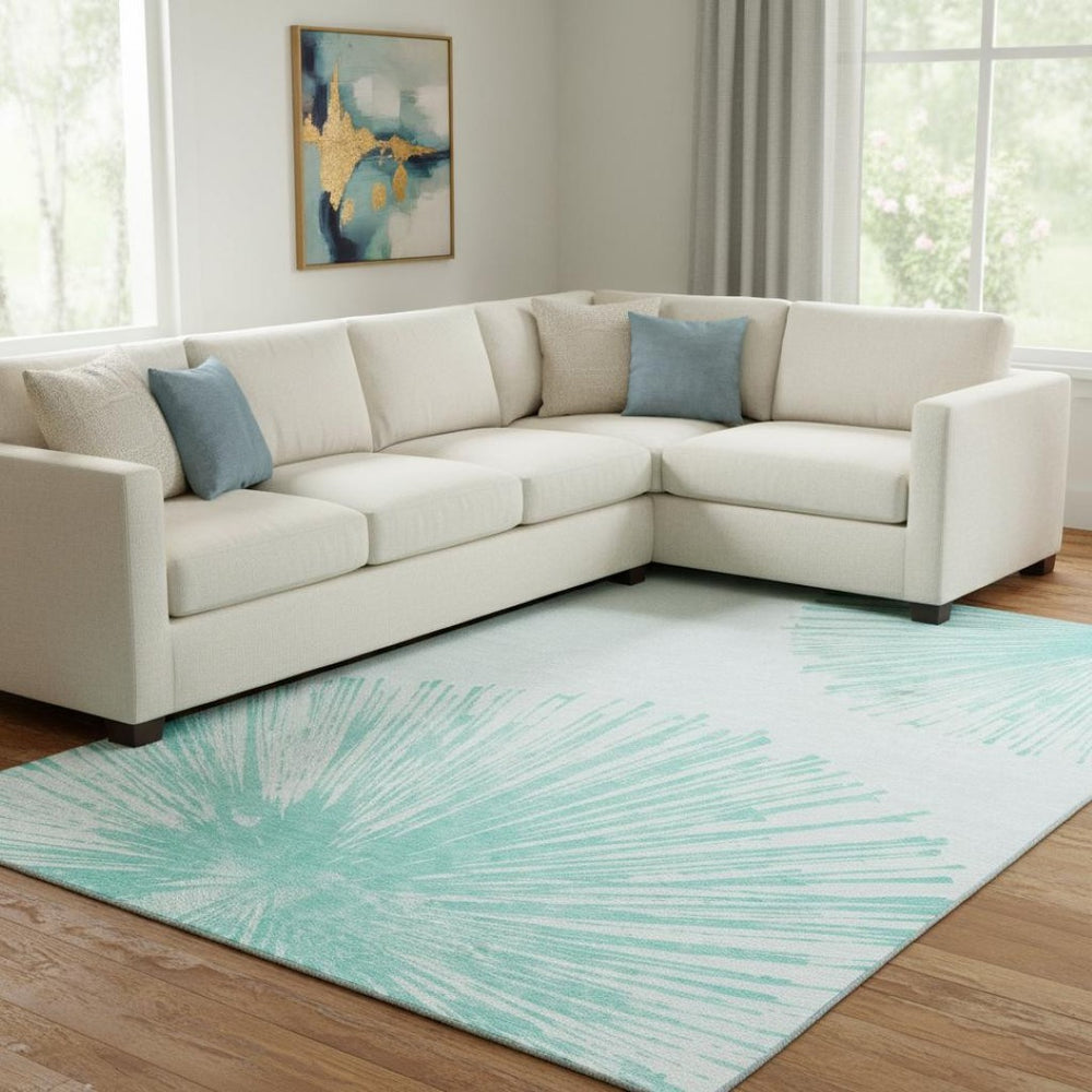 HomeRoots 9' X 12' Teal and Ivory Abstract Area Rug - Stylish, Washable, UV-Protected for High-Traffic Areas 653559