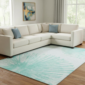 HomeRoots 9' X 12' Teal and Ivory Abstract Area Rug - Stylish, Washable, UV-Protected for High-Traffic Areas 653559