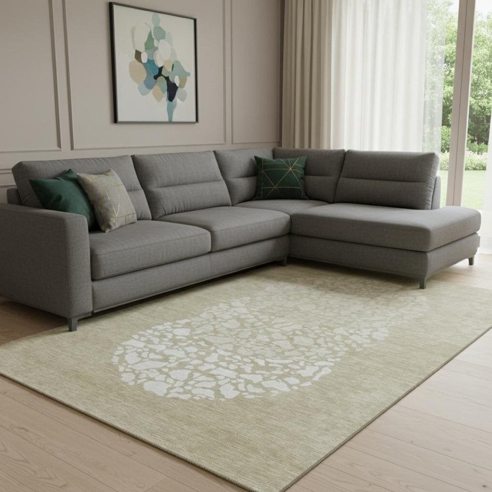 HomeRoots 9' X 12' Beige and Ivory Abstract Washable Area Rug with UV Protection for High-Traffic Spaces 653565