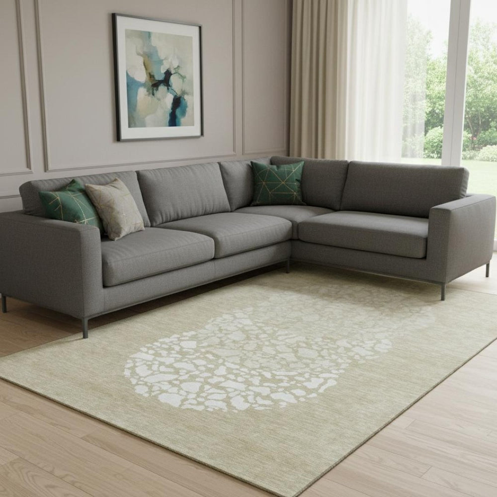 HomeRoots 10' X 14' Abstract Beige and Ivory Washable Area Rug – Durable, UV-Protected, Stain-Resistant Design! 653566