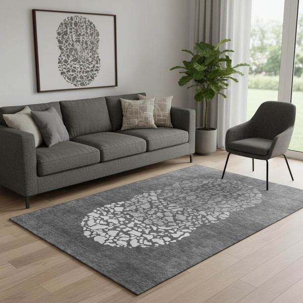HomeRoots 5' Charcoal and Ivory Abstract Area Rug - Washable, UV Protected, Modern Design for Busy Homes 653568