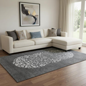 HomeRoots 8' X 10' Charcoal & Ivory Abstract Area Rug - Washable, UV Protected, Stain Resistant for Modern Spaces 653570