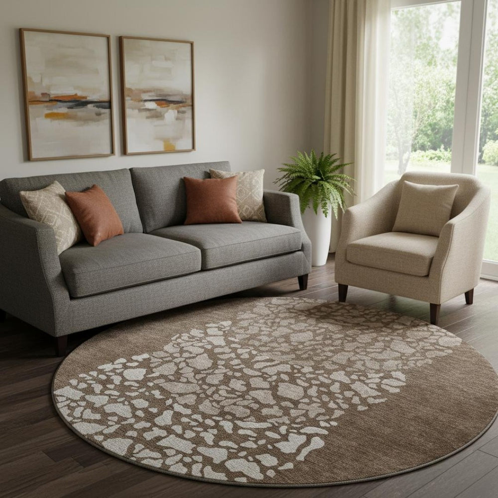 HomeRoots 8' Chocolate and Ivory Abstract Round Rug – Washable, UV-Protected, Ideal for Busy Homes with Kids & Pets 653575