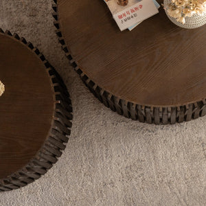 English Elm Vintage Cylindrical Nesting Coffee Table Set, Textured Embossed Wood Accent Tables for Living Room Dark Brown W757P195739