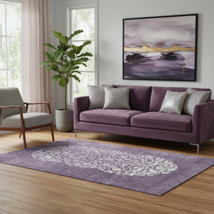 HomeRoots 5' x 8' Modern Eggplant and Ivory Abstract Area Rug - Washable, Stain Resistant, UV Protected Design 653580
