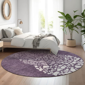 HomeRoots 8' Eggplant and Ivory Abstract Round Rug - Washable, UV Protected, Stain Resistant for Modern Spaces 653581