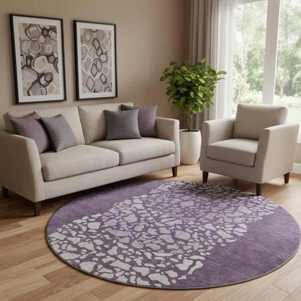 HomeRoots 8' Eggplant and Ivory Abstract Round Rug - Washable, UV Protected, Stain Resistant for Modern Spaces 653581