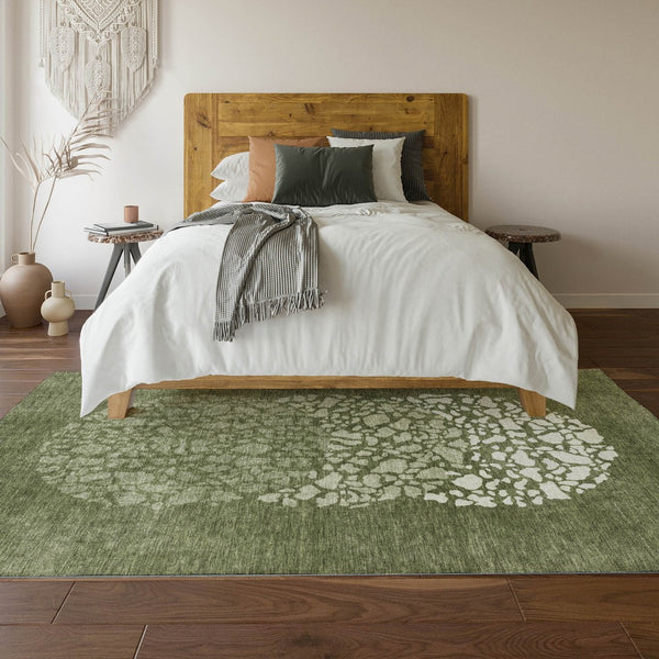 HomeRoots 5' X 8' Olive Green & Ivory Abstract Area Rug - Washable, UV-Protected, Stylish & Durable Design! 653586