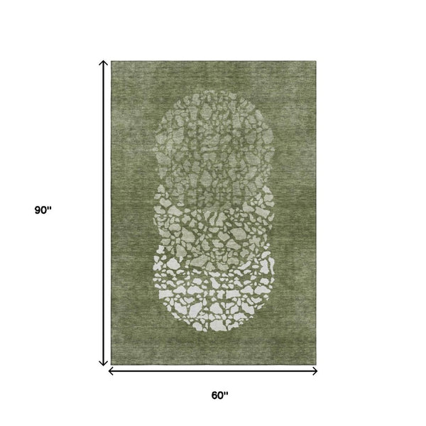 HomeRoots 5' X 8' Olive Green & Ivory Abstract Area Rug - Washable, UV-Protected, Stylish & Durable Design! 653586