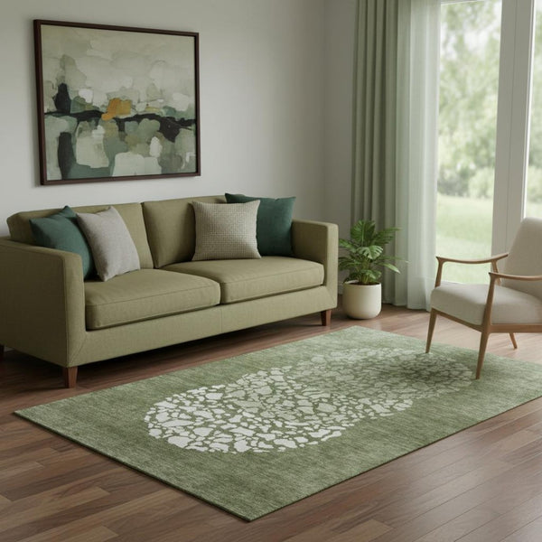 HomeRoots 5' X 8' Olive Green & Ivory Abstract Area Rug - Washable, UV-Protected, Stylish & Durable Design! 653586