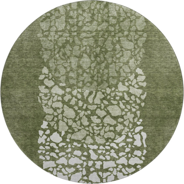 HomeRoots 8' Olive Green and Ivory Abstract Round Rug - Washable, Stain-Resistant, UV-Protected for Modern Spaces 653587