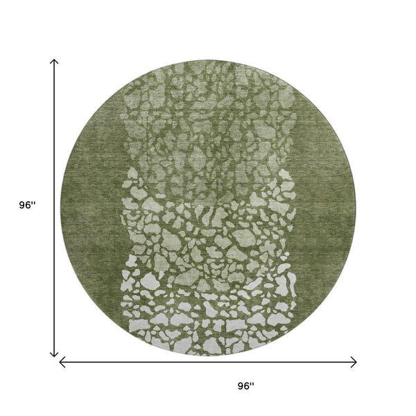 HomeRoots 8' Olive Green and Ivory Abstract Round Rug - Washable, Stain-Resistant, UV-Protected for Modern Spaces 653587