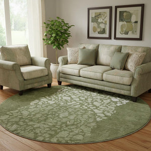 HomeRoots 8' Olive Green and Ivory Abstract Round Rug - Washable, Stain-Resistant, UV-Protected for Modern Spaces 653587