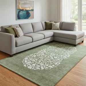 HomeRoots 10' Olive Green & Ivory Abstract Washable Area Rug - Stain Resistant, UV Protected for Family Spaces 653590