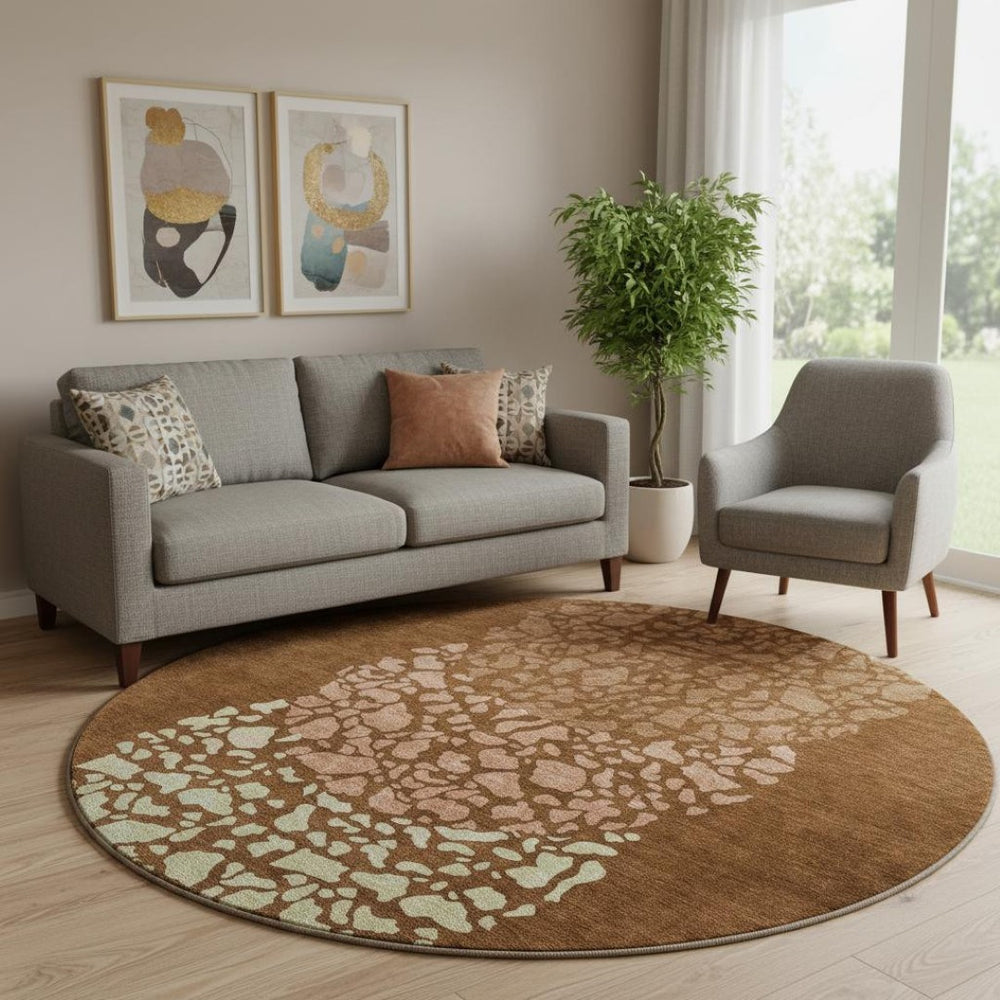 HomeRoots 8' Chili Red and Ivory Abstract Round Rug – Durable, Washable, UV-Protected for High-Traffic Homes 653593