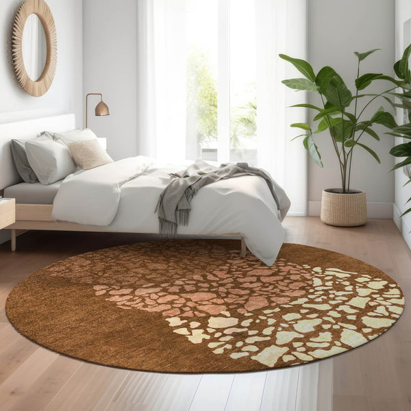 HomeRoots 8' Chili Red and Ivory Abstract Round Rug – Durable, Washable, UV-Protected for High-Traffic Homes 653593